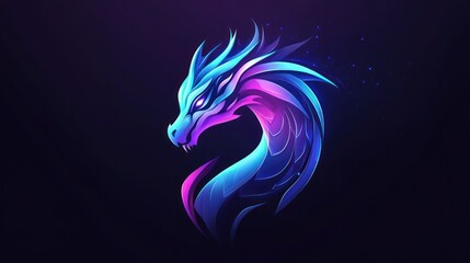 Fototapeta premium Neon Dragon Head Profile, Dark Background, Gaming Logo