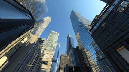 Fototapeta premium Upward perspective of the London financial district, featuring iconic modern skyscrapers and clear urban skies.