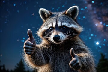 Fototapeta premium Charming Raccoon Giving Thumbs Up Under Starry Night Sky