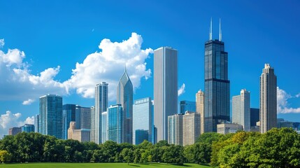 Fototapeta premium Urban skyline showcasing cutting-edge architecture with reflective glass skyscrapers under a bright blue sky.