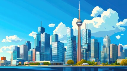 Naklejka premium Urban skyline showcasing cutting-edge architecture with reflective glass skyscrapers under a bright blue sky.