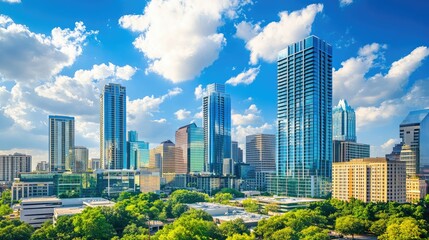 Fototapeta premium Urban skyline showcasing cutting-edge architecture with reflective glass skyscrapers under a bright blue sky.