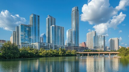 Naklejka premium Urban skyline showcasing cutting-edge architecture with reflective glass skyscrapers under a bright blue sky.