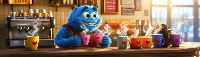 Cartoon-style monster working as a barista in a cozy cafe, serving colorful coffee cups with steam shaped like hearts, detailed animations
