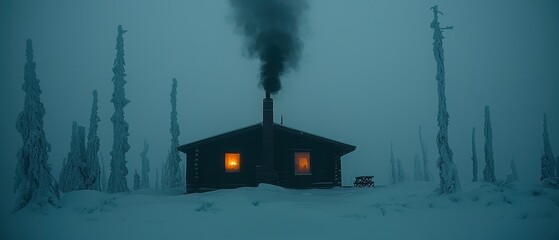 A tranquil winter cabin surrounded by snow-covered evergreens, glowing warmly in the soft light of dusk. Smoke rises gently from the chimney, blending into the pastel hues of twilight. The serene 