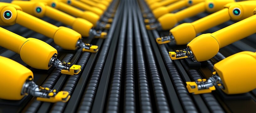 Automated Assembly Line with Multiple Yellow Robotic Arms Processing Black Cylinders