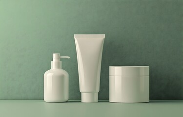 White cosmetic tubes and a jar mockup on a beige table background with copy space