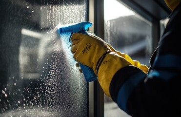 Person cleaning window, winter view, spray bottle, gloves, cleaning