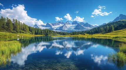 Fototapeta premium Breathtaking alpine landscape with a serene lake reflecting snow-capped mountains.
