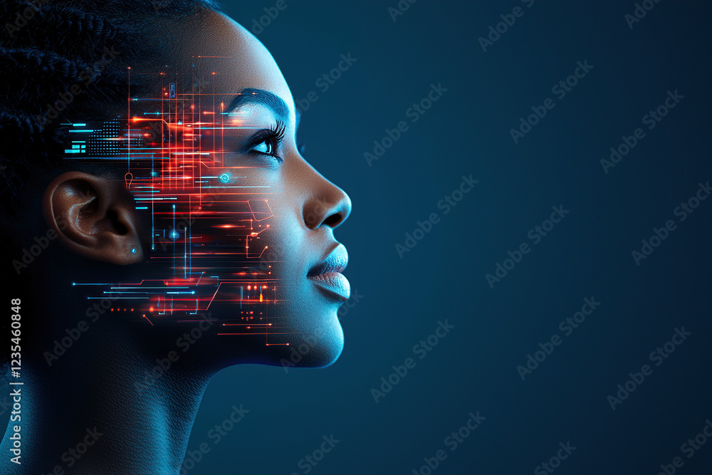 Poster woman with digital interface elements on her face, symbolizing ai integration and futuristic technol