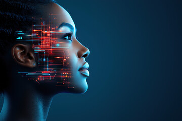 Obraz premium woman with digital interface elements on her face, symbolizing AI integration and futuristic technology. image conveys innovation and merging of human and artificial intelligence