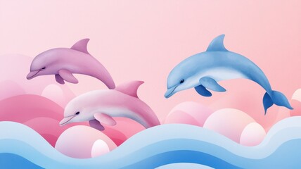 Fototapeta premium Three dolphins leaping colorful ocean.