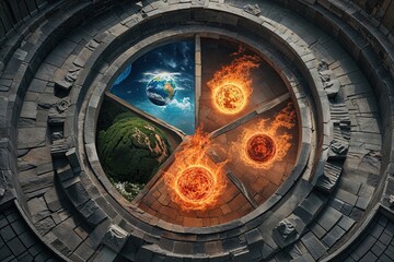 Obraz premium Captivating Circular Design Showcasing the Four Elements of Nature Earth Wind Fire Air