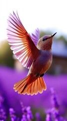 Fototapeta premium Hummingbird in Flight Above Lavender Field