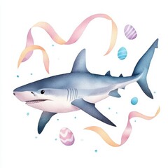 Fototapeta premium Shark swimming with colorful Easter eggs. Easter day watercolor illustration.