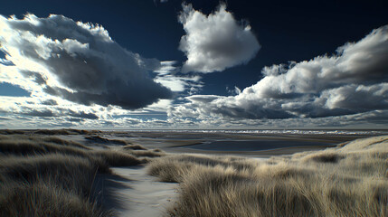 Coastal dune landscape, cloudy sky, path, beach