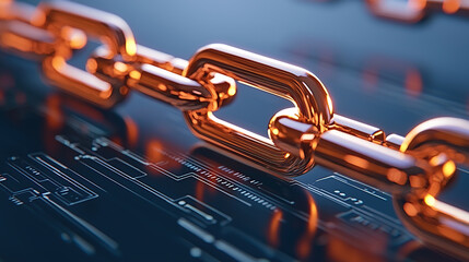 close up of glowing chain link over digital circuit board, symbolizing secure data transfer and blockchain technology. image conveys sense of strength and innovation