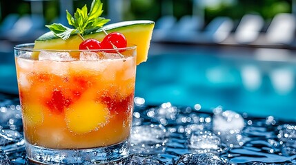 tropical cocktail by pool, summer drink - summer vibes