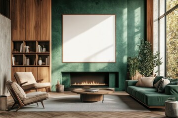 Modern living room, green wall, fireplace, mockup poster