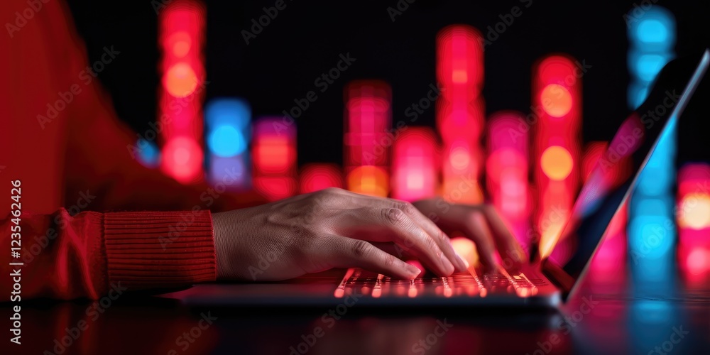 Poster hands typing on laptop with colorful abstract lights in background