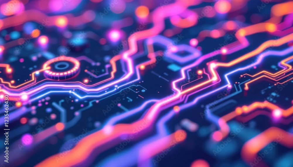 Poster neon circuit board with glowing traces in abstract futuristic design