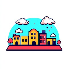 Naklejka premium Stylized Cartoon Cityscape with Colorful Buildings and Clouds