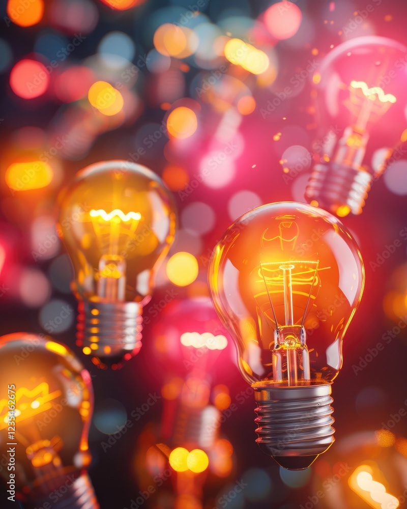 Poster creative lightbulbs with glowing filaments on colorful bokeh background