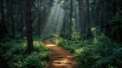Fototapeta premium Sunlight breaking through forest canopy illuminating serene woodland path