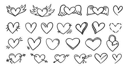 Hand drawn doodle line elements different cute hearts. Vector grunge decoration scribble doodle elements for use in graphic design.