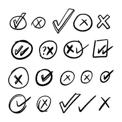 Hand drawn doodle set isolated on white background. Vector grunge elements, check mark and cross signs for use in design.