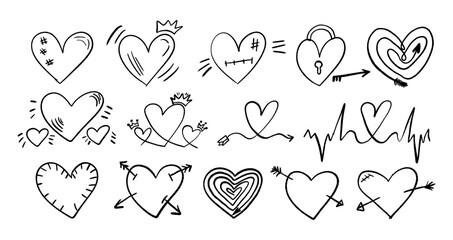 Hand drawn cute hearts doodle vector set. Decoration graphic elements in grunge style.