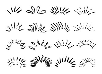 Set of line scribble doodle elements sparkle, sunburst, rays, starburst in minimal style. Hand drawn vector decoration graphic elements.