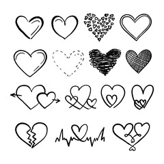 Hand drawn elements different cute hearts in scribble doodle style. Vector minimal graphic elements for use in design.