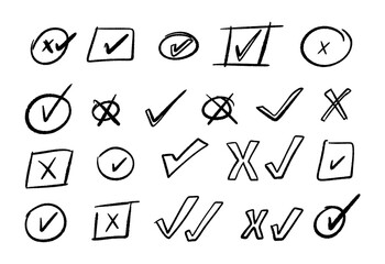 Hand drawn line element design in sketch or doodle style. Set of vector decoration graphic elements check mark and cross signs.