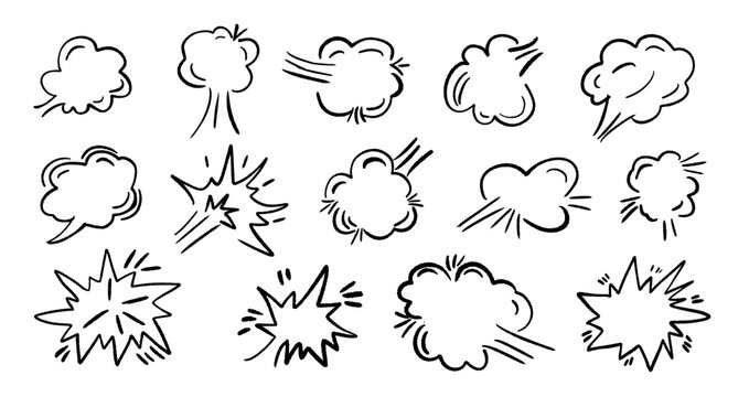 Hand drawn cartoon boom effect doodle vector set. Decoration graphic elements in grunge style.