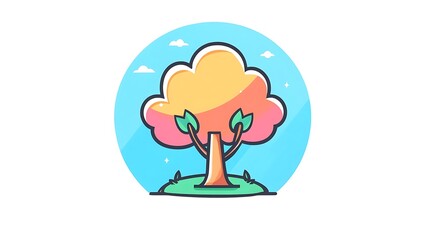 Colorful stylized tree illustration against a light blue sky.