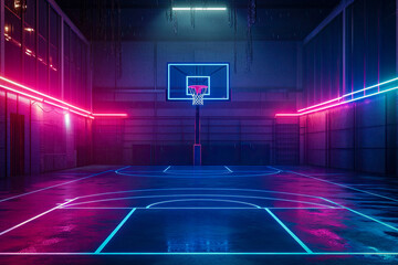 Neon-Lit Indoor Basketball Court