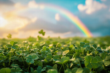 Dewy Clover Field with Rainbow
