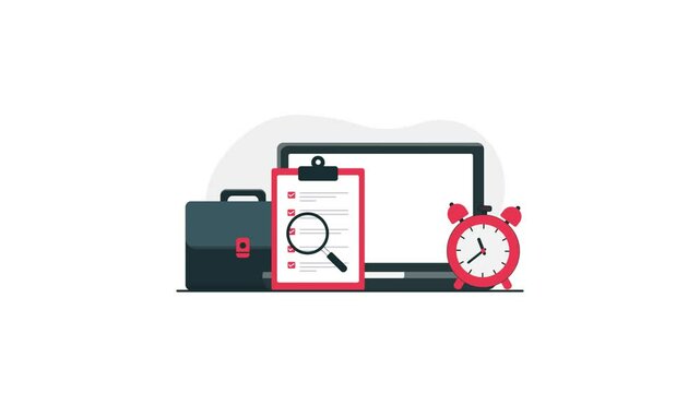 4k Laptop with Clock, Clipboard and Office Bag. Working Hour Concept Animation Video
