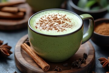 Matcha latte, cinnamon, spices, kitchen, drink