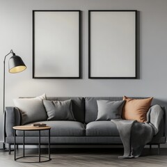 A modern living room scene featuring a stylish gray sofa adorned with cushions, a cozy throw, and two empty frames on the wall.