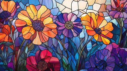 A detailed stained glass design showcasing vibrant flowers, glowing with sunlight and surrounded by rich, deep-colored patterns.