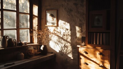 Sunlit Rustic Interior with Dried Flowers and Wooden Chest