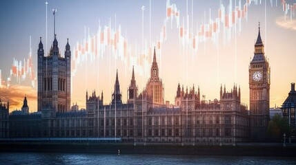 Obraz premium A financial graph rising upward alongside a stately parliament building, symbolizing governance and economic growth.