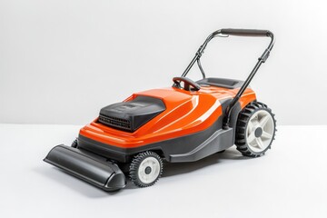 Orange lawnmower on white background, gardening tool