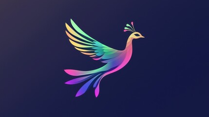 Obraz premium Rainbow peacock in flight, dark background, logo design