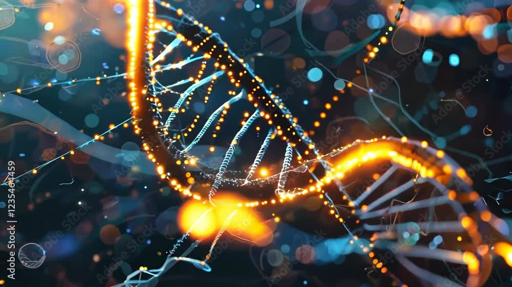 Poster glowing dna strand with futuristic bokeh effects and abstract science concept