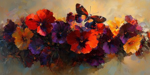 A lively spring garden filled with blooming tulips, daffodils, and pansies in shades of red, yellow, and purple. Bees and butterflies flit gracefully among the flowers as sunlight highlights 