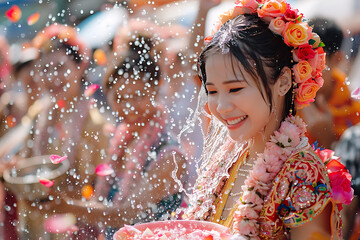 thai new year celebration, people in traditional clothing share smiles, water splashes, fragrant rose-infused water, and joyful songkran festivities