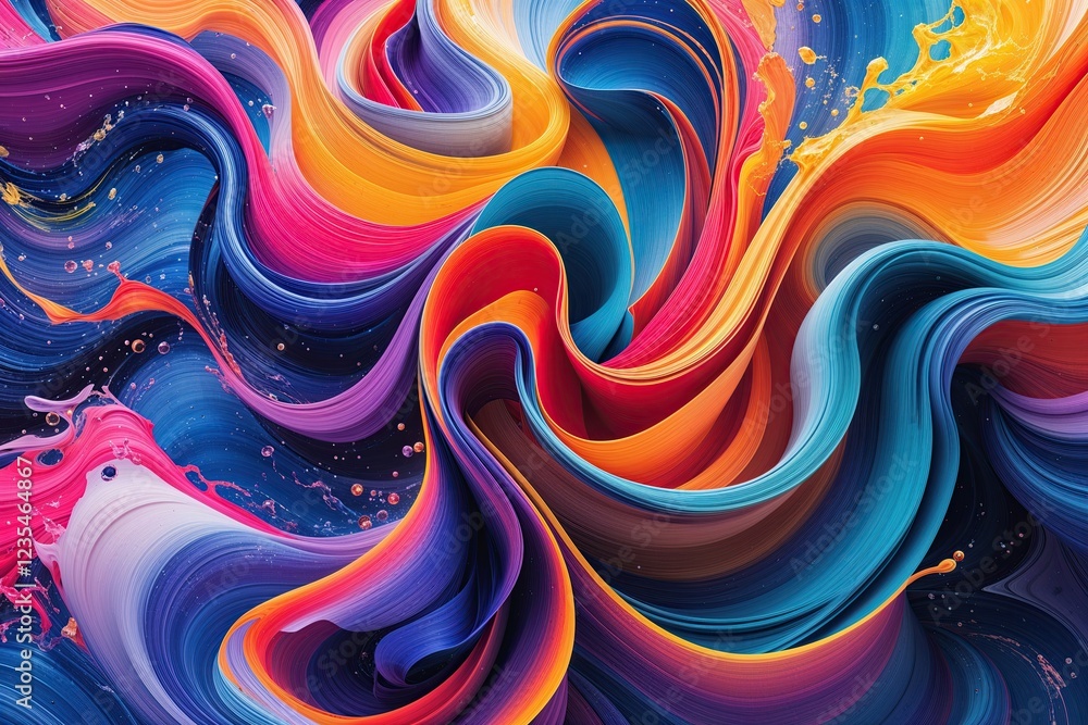 Poster dynamic abstract splash art with colorful brushstroke ribbons and fluid wave patterns